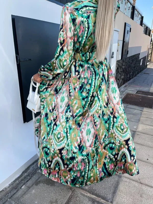 Giuliana™ - Långärmad V-ringad klänning i boho-stil för kvinnor