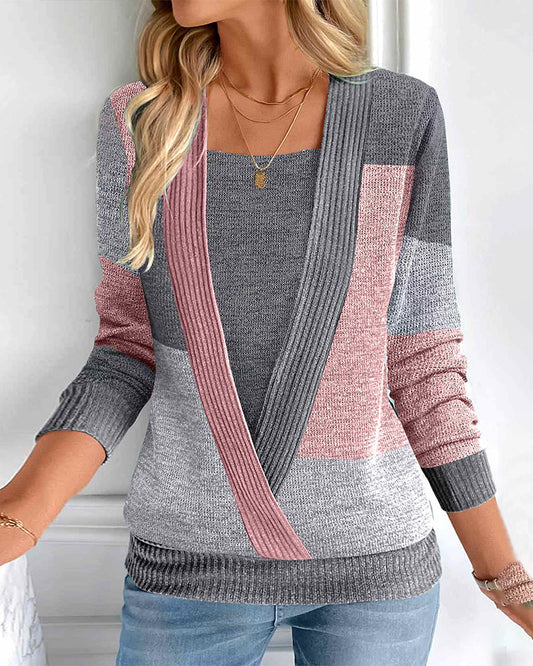 Julie – Women's Colorblock Long Sleeves Knit Sweater with Faux 2-in-1 Design