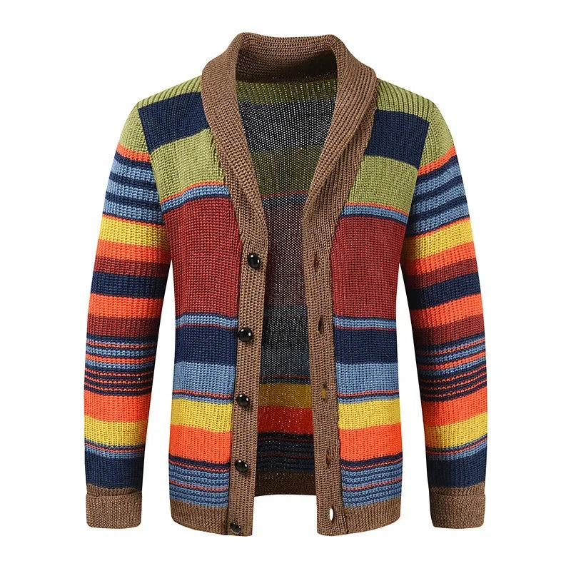 Oscar – Men's Multicolor Striped Cardigan – Retro-Inspired Knit with V-Neck and Button Closure