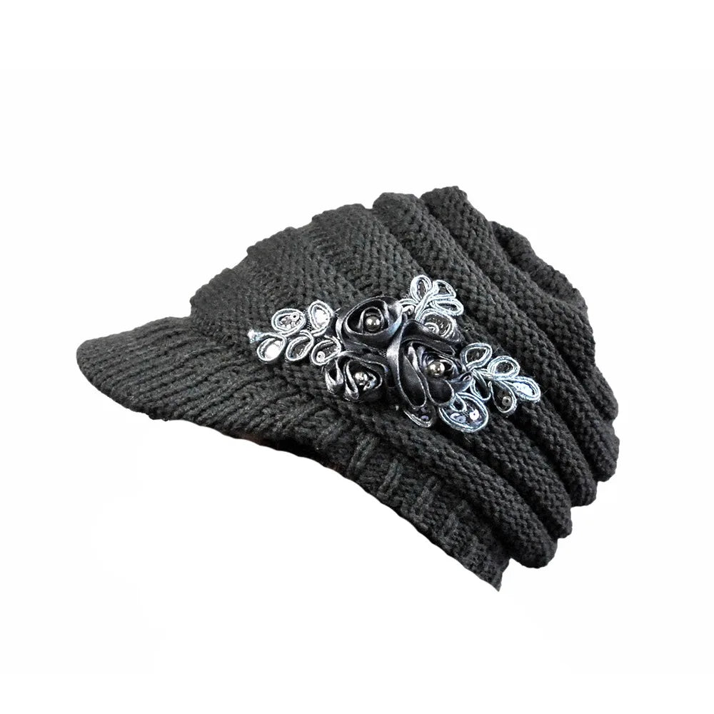 Freida – Women's Knit Beanie – Elegant Floral Appliqué Design with Soft Brim