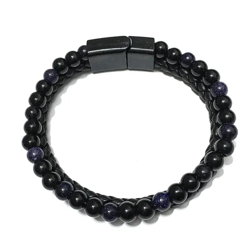 Jonathon – Black Braided Leather Bracelet with Lava Stone and Tiger Eye Beads