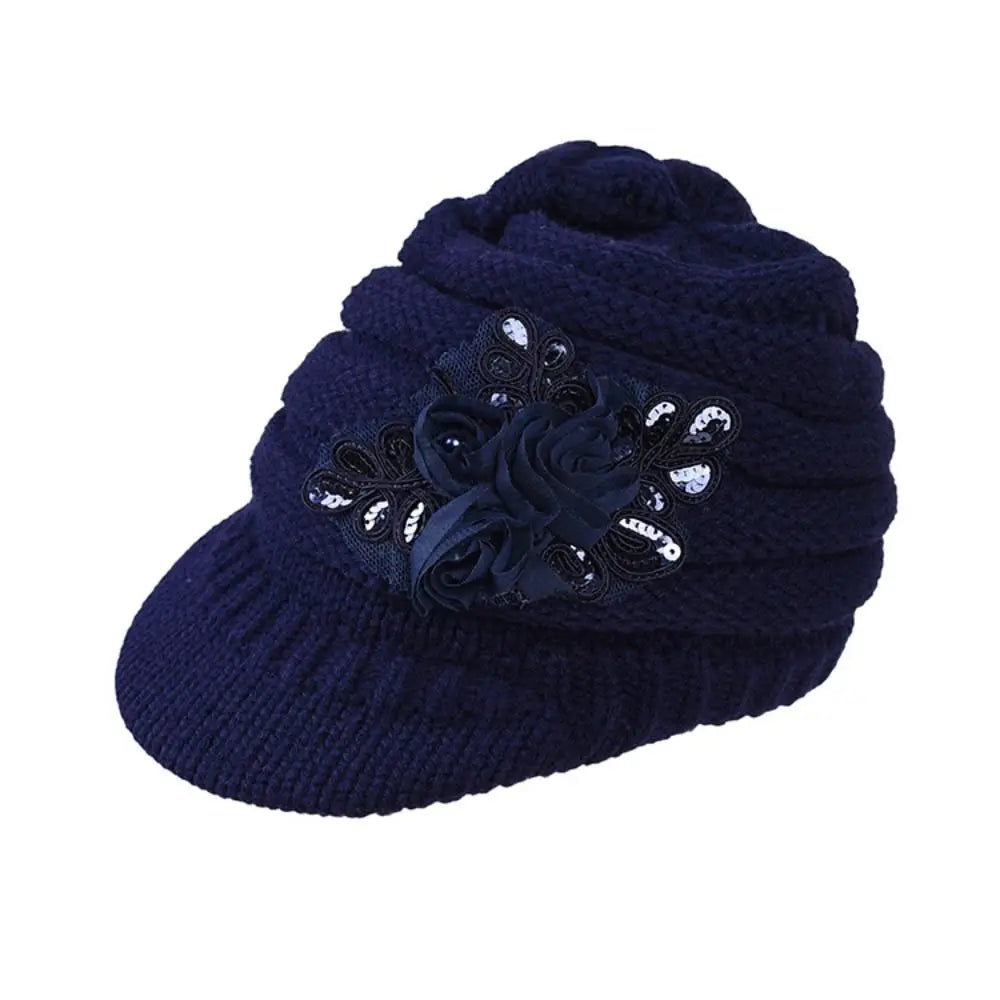 Freida – Women's Knit Beanie – Elegant Floral Appliqué Design with Soft Brim