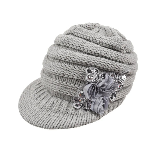 Freida – Women's Knit Beanie – Elegant Floral Appliqué Design with Soft Brim