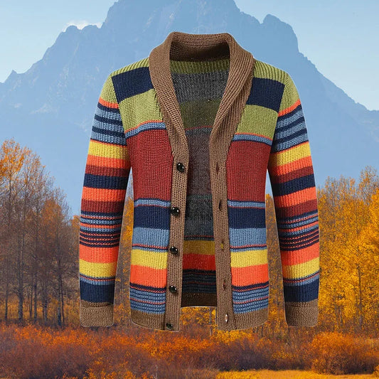 Oscar – Men's Multicolor Striped Cardigan – Retro-Inspired Knit with V-Neck and Button Closure