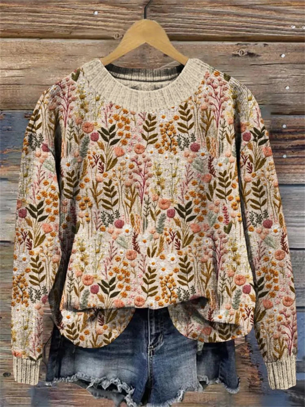 Angela – Women's Wool Sweater with Small Floral Print