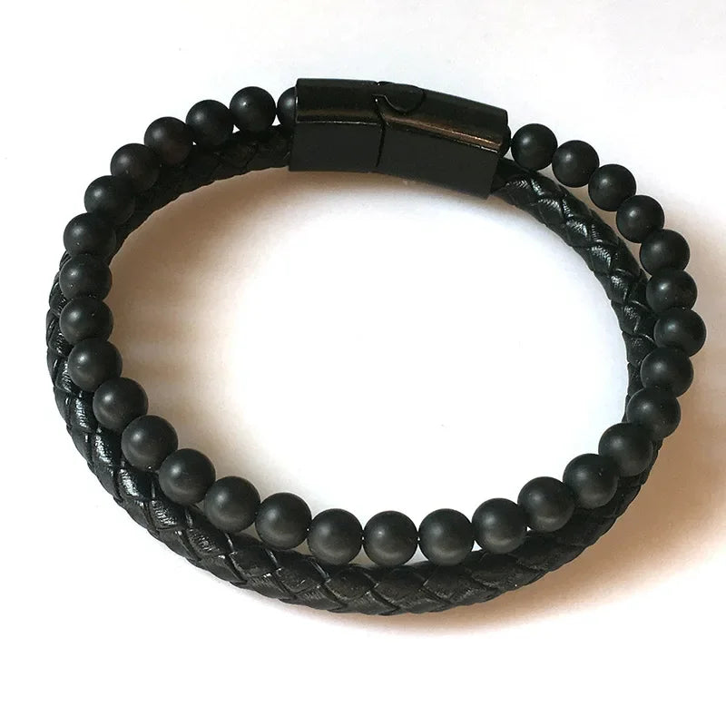 Jonathon – Black Braided Leather Bracelet with Lava Stone and Tiger Eye Beads