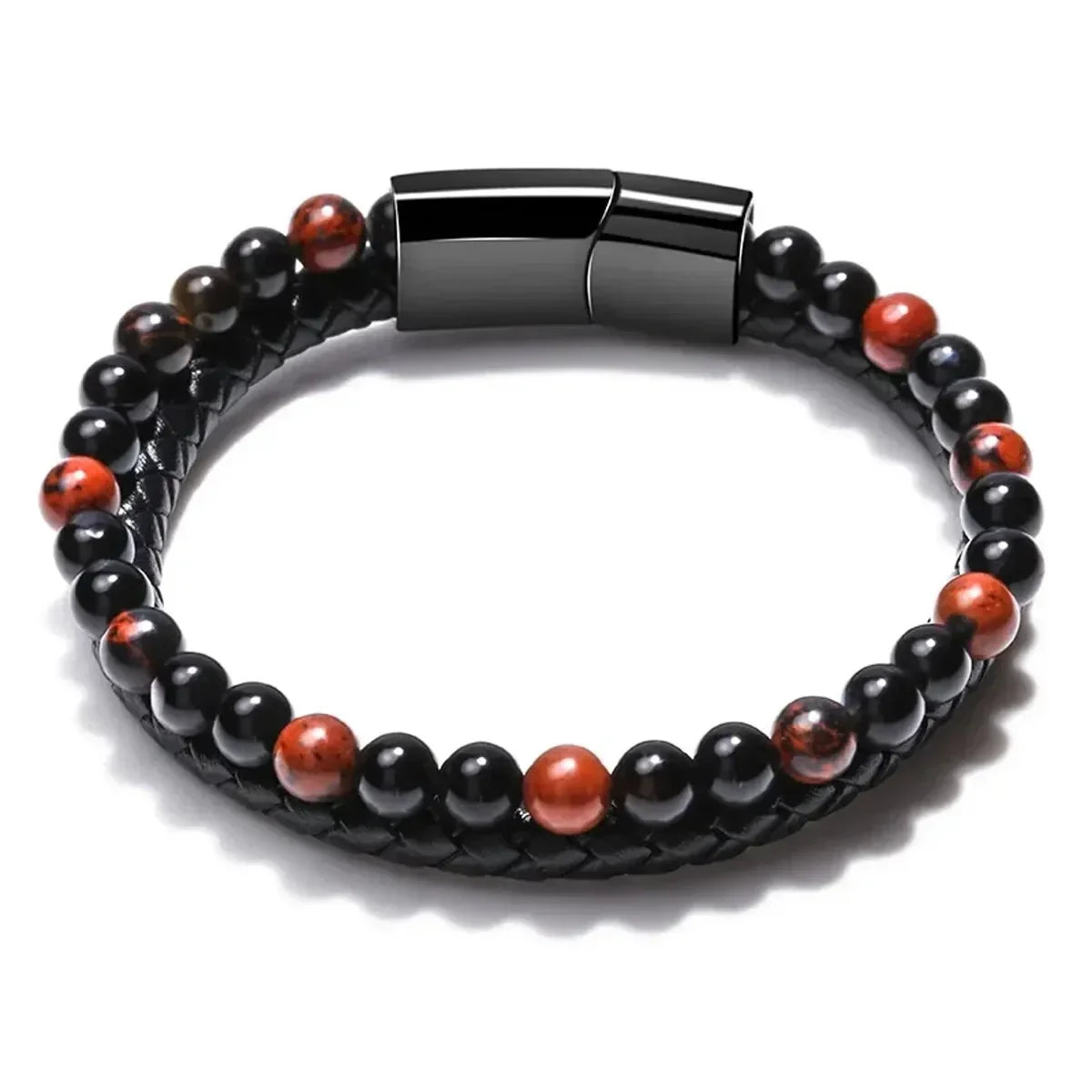 Jonathon – Black Braided Leather Bracelet with Lava Stone and Tiger Eye Beads