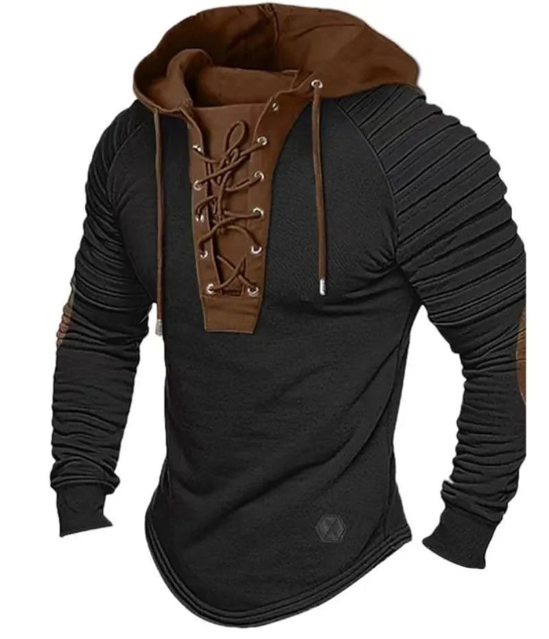 Nathaniel – Men's Lace-Up Hooded Long Sleeve Casual T-shirt - Slim-Fit Design