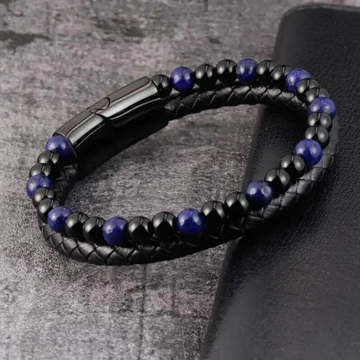 Jonathon – Black Braided Leather Bracelet with Lava Stone and Tiger Eye Beads