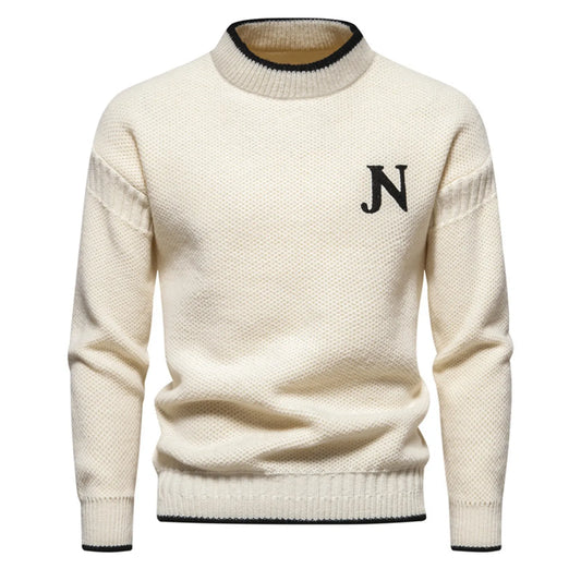 Victor – Men's Textured Knit Crewneck Sweater – Classic Style with Embroidered Letter Detail