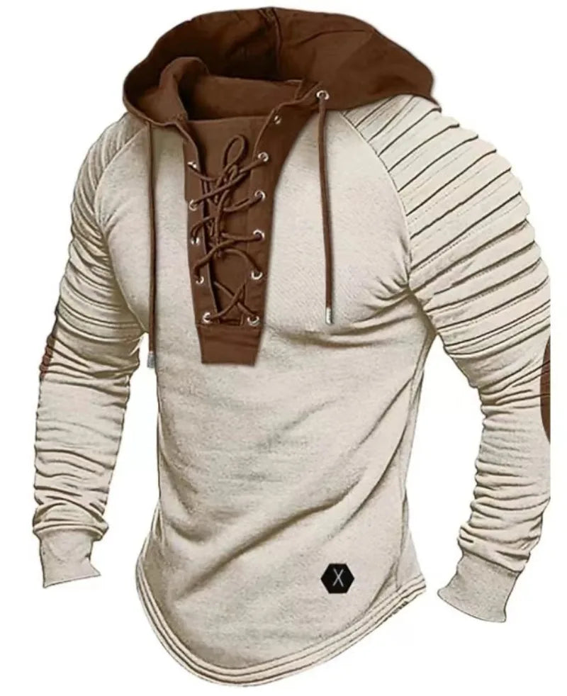 Nathaniel – Men's Lace-Up Hooded Long Sleeve Casual T-shirt - Slim-Fit Design