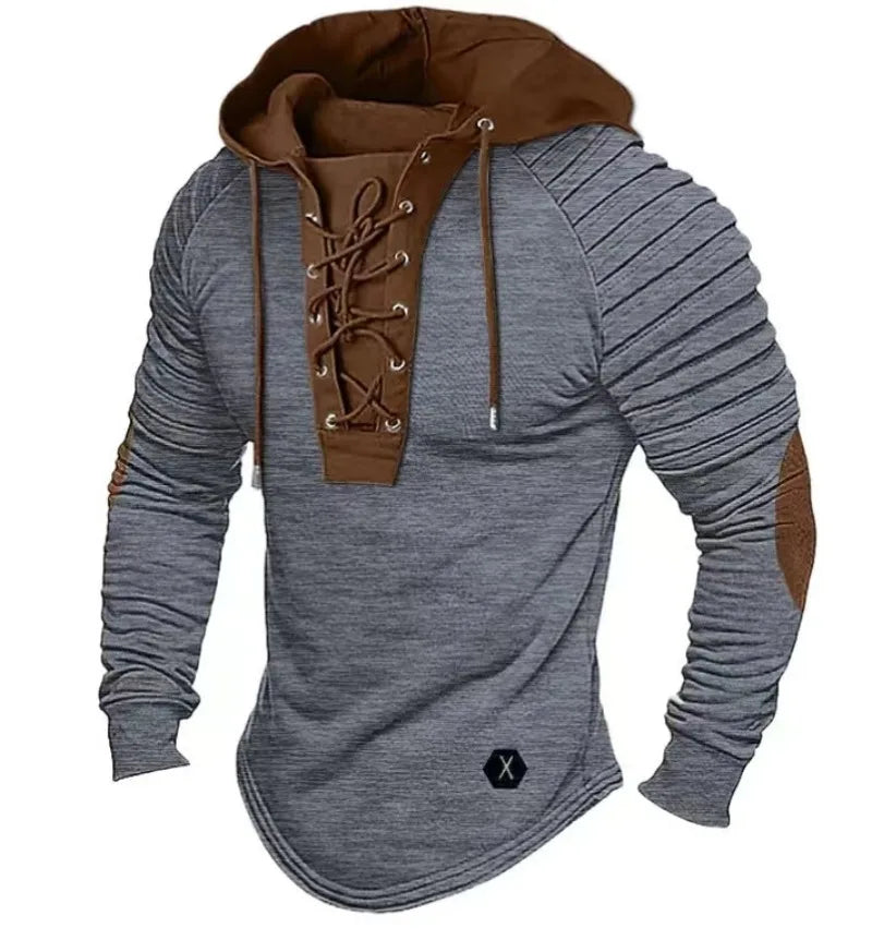 Nathaniel – Men's Lace-Up Hooded Long Sleeve Casual T-shirt - Slim-Fit Design