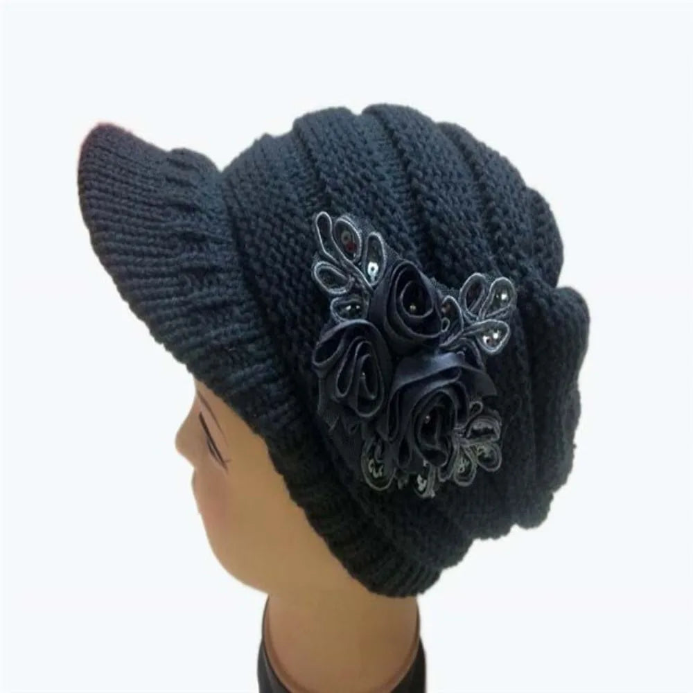 Freida – Women's Knit Beanie – Elegant Floral Appliqué Design with Soft Brim