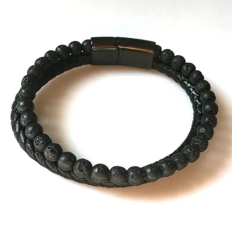 Jonathon – Black Braided Leather Bracelet with Lava Stone and Tiger Eye Beads