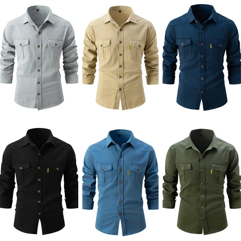 Nick – Men's Cotton Long-Sleeve Button-Up Shirts - with Dual Chest Pockets