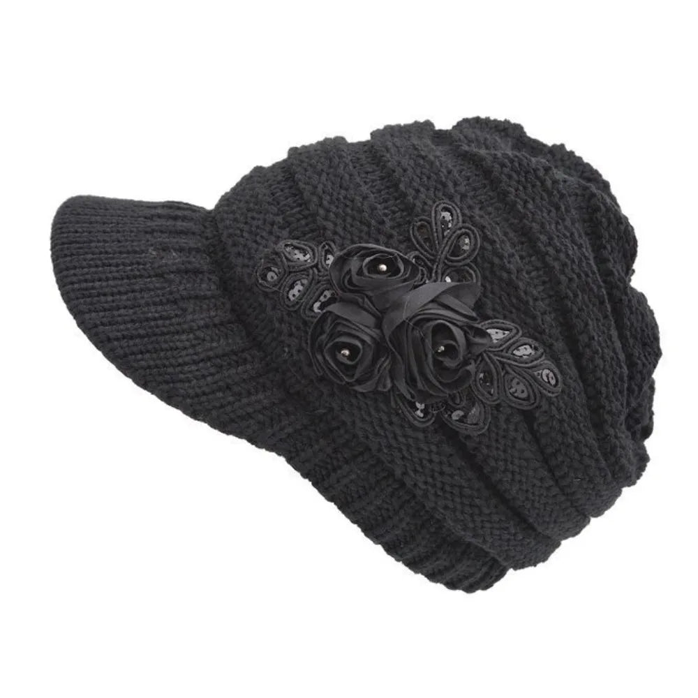 Freida – Women's Knit Beanie – Elegant Floral Appliqué Design with Soft Brim