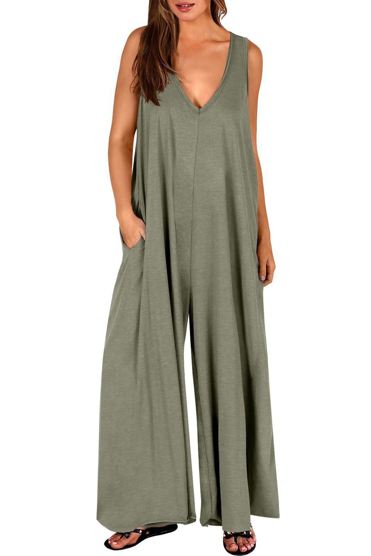 Mareike™ -Solid V-ringad jumpsuit med fickor och vida ben