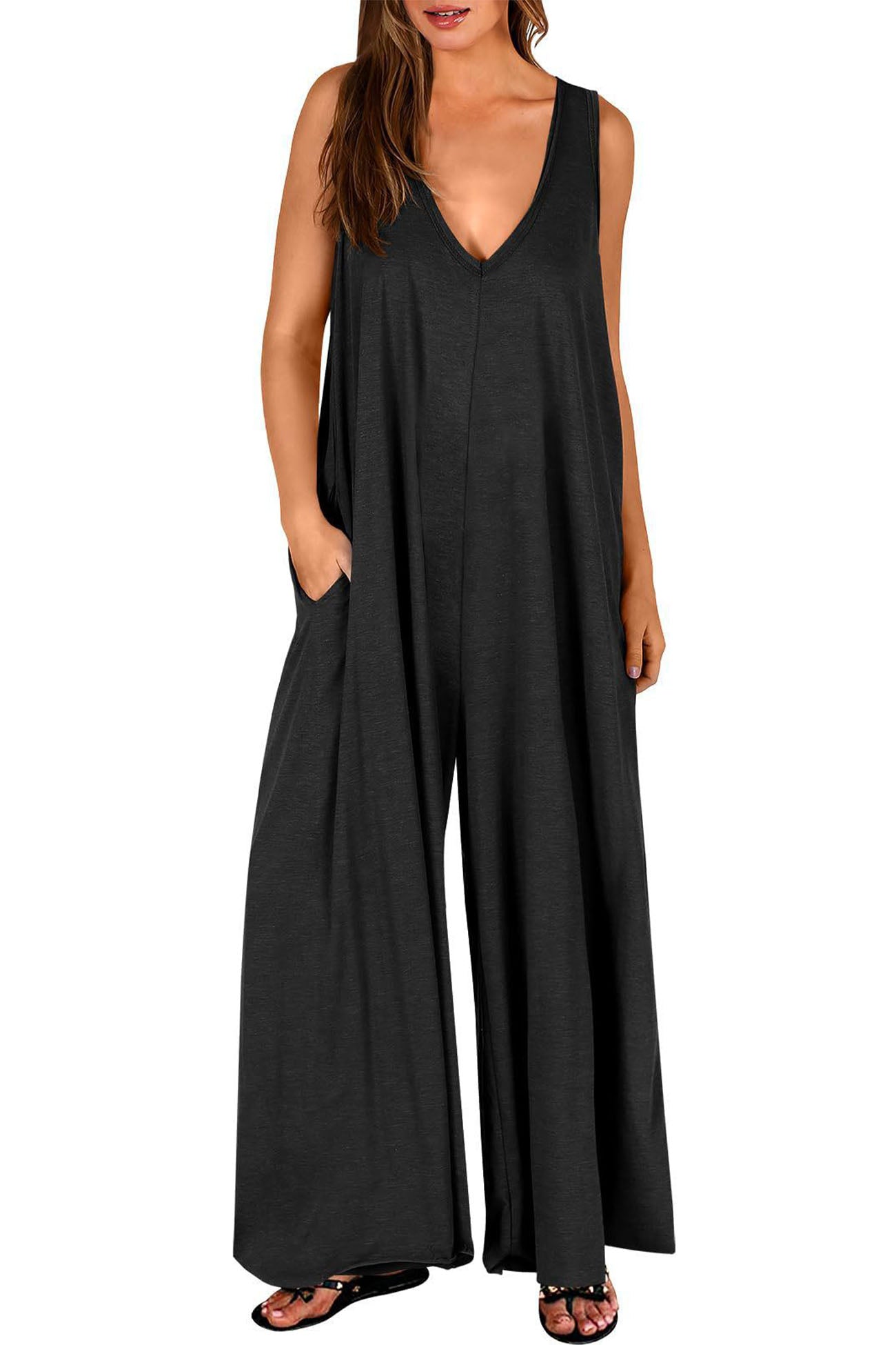 Mareike™ -Solid V-ringad jumpsuit med fickor och vida ben