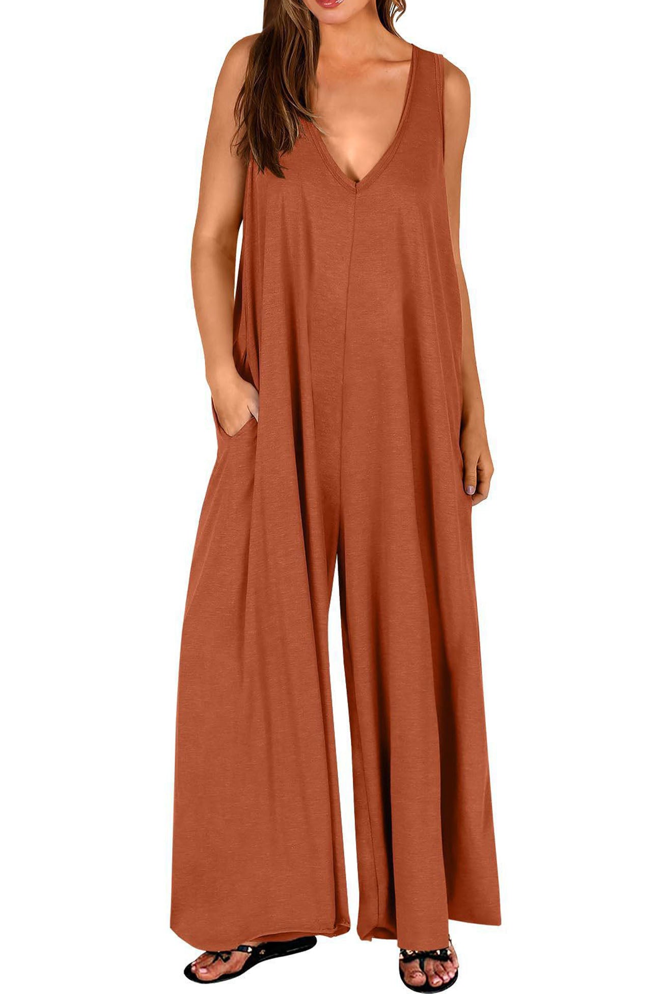 Mareike™ -Solid V-ringad jumpsuit med fickor och vida ben