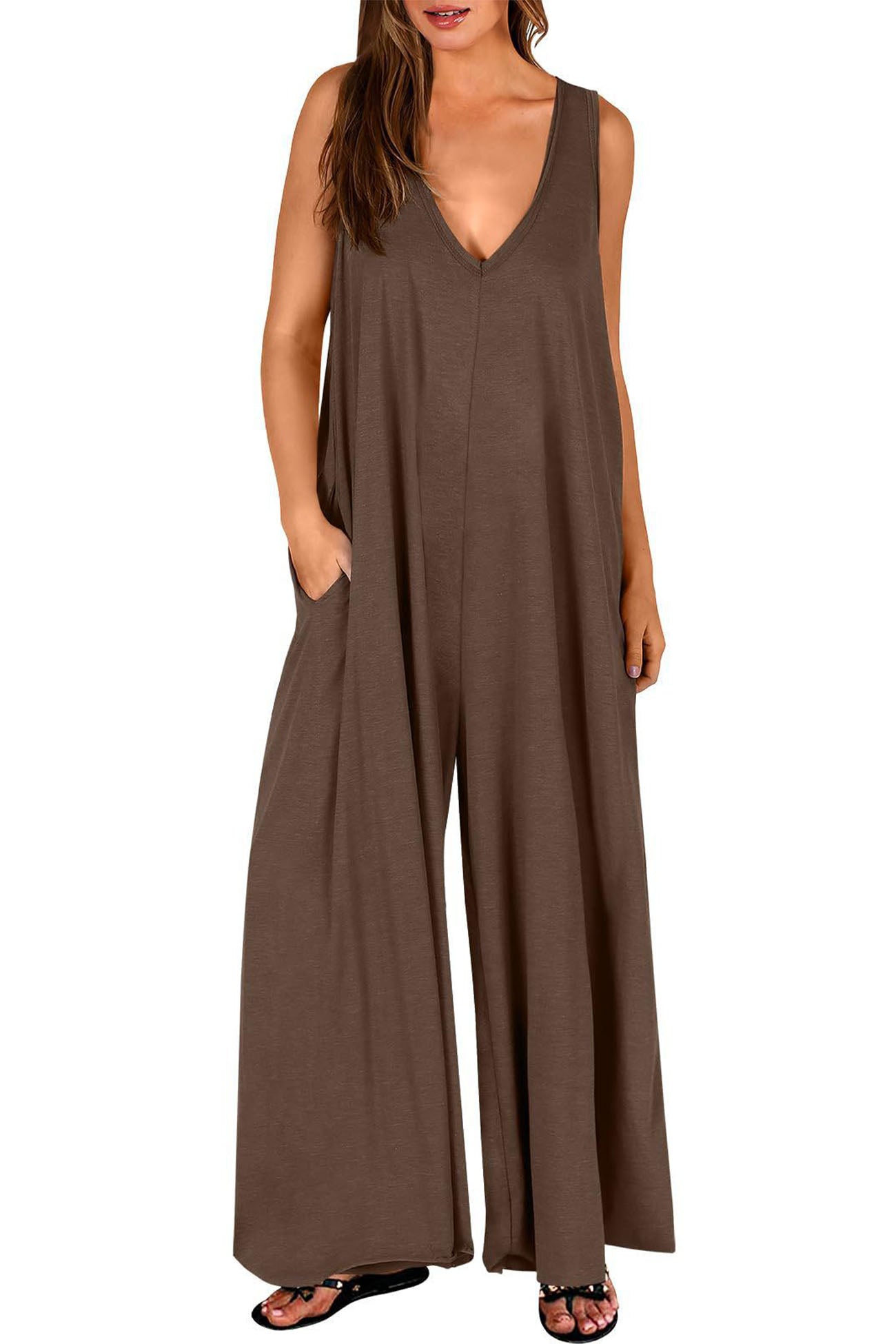 Mareike™ -Solid V-ringad jumpsuit med fickor och vida ben