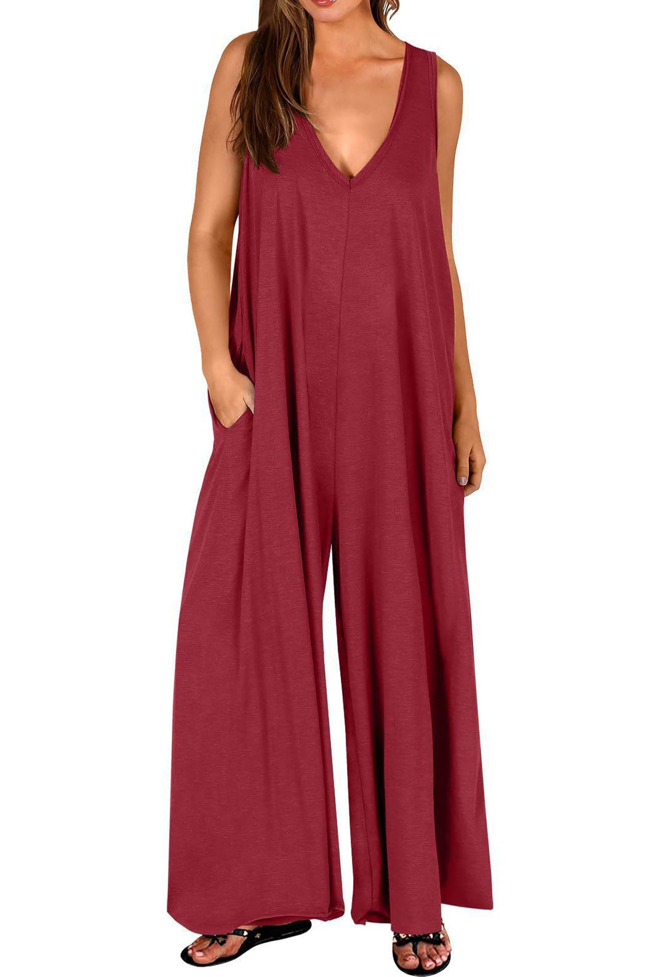 Mareike™ -Solid V-ringad jumpsuit med fickor och vida ben