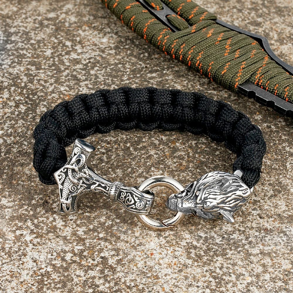 Allen – Men's Viking Paracord Bracelet with Thor's Hammer and Wolf Head Clasp – Norse Mythology-Inspired Design