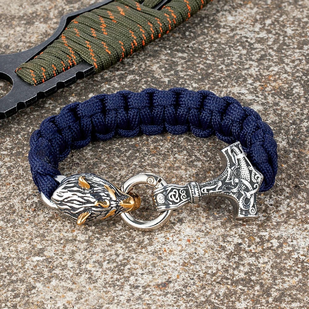 Allen – Men's Viking Paracord Bracelet with Thor's Hammer and Wolf Head Clasp – Norse Mythology-Inspired Design