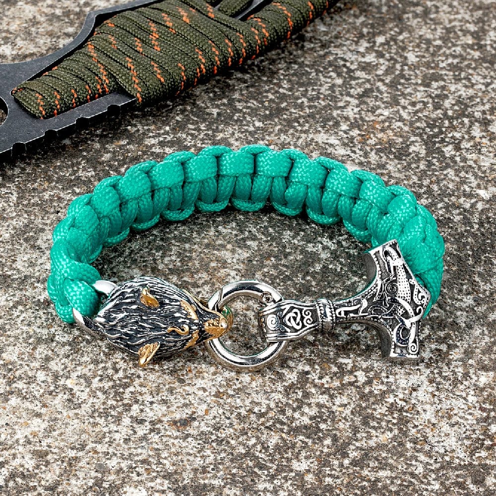 Allen – Men's Viking Paracord Bracelet with Thor's Hammer and Wolf Head Clasp – Norse Mythology-Inspired Design