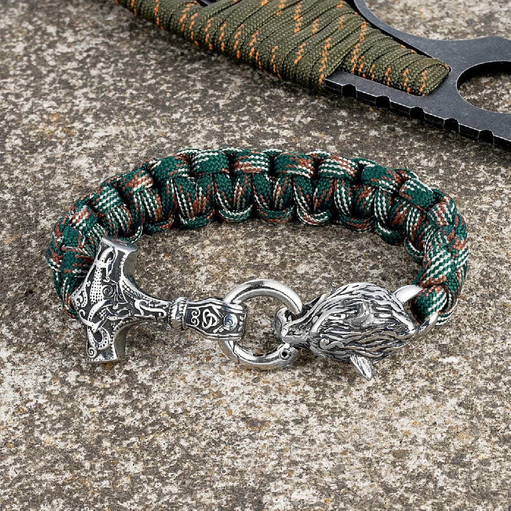 Allen – Men's Viking Paracord Bracelet with Thor's Hammer and Wolf Head Clasp – Norse Mythology-Inspired Design