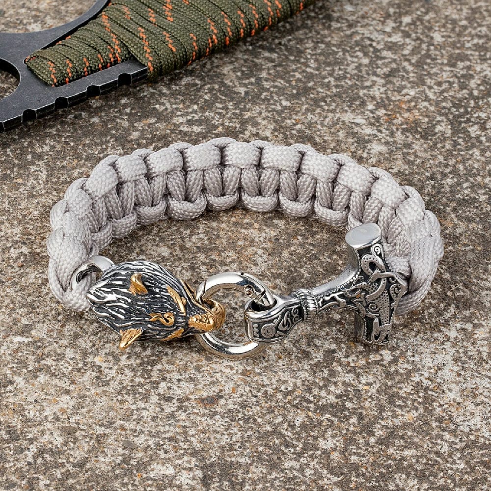 Allen – Men's Viking Paracord Bracelet with Thor's Hammer and Wolf Head Clasp – Norse Mythology-Inspired Design