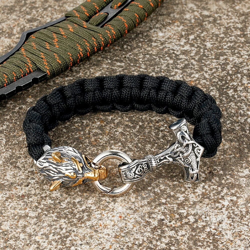 Allen – Men's Viking Paracord Bracelet with Thor's Hammer and Wolf Head Clasp – Norse Mythology-Inspired Design