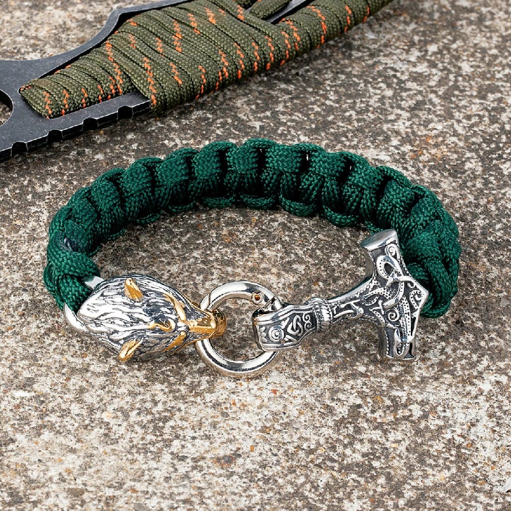 Allen – Men's Viking Paracord Bracelet with Thor's Hammer and Wolf Head Clasp – Norse Mythology-Inspired Design