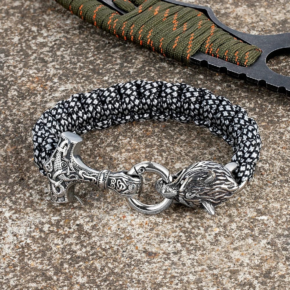 Allen – Men's Viking Paracord Bracelet with Thor's Hammer and Wolf Head Clasp – Norse Mythology-Inspired Design