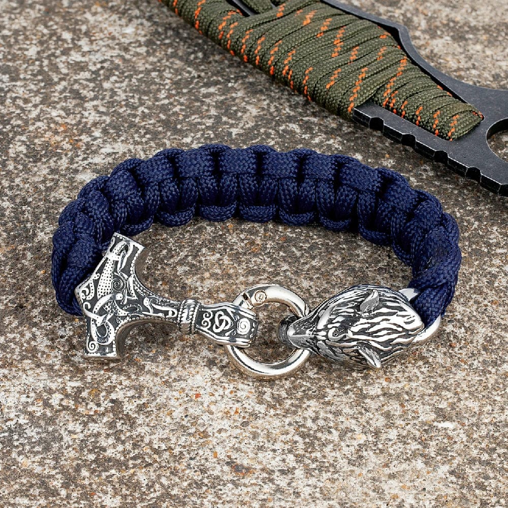 Allen – Men's Viking Paracord Bracelet with Thor's Hammer and Wolf Head Clasp – Norse Mythology-Inspired Design