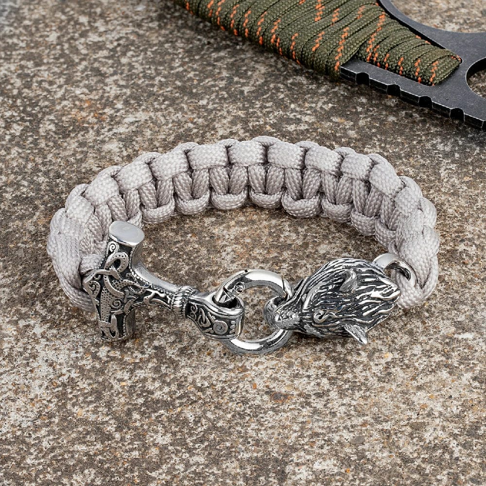 Allen – Men's Viking Paracord Bracelet with Thor's Hammer and Wolf Head Clasp – Norse Mythology-Inspired Design