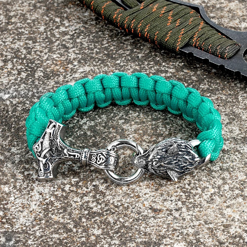 Allen – Men's Viking Paracord Bracelet with Thor's Hammer and Wolf Head Clasp – Norse Mythology-Inspired Design