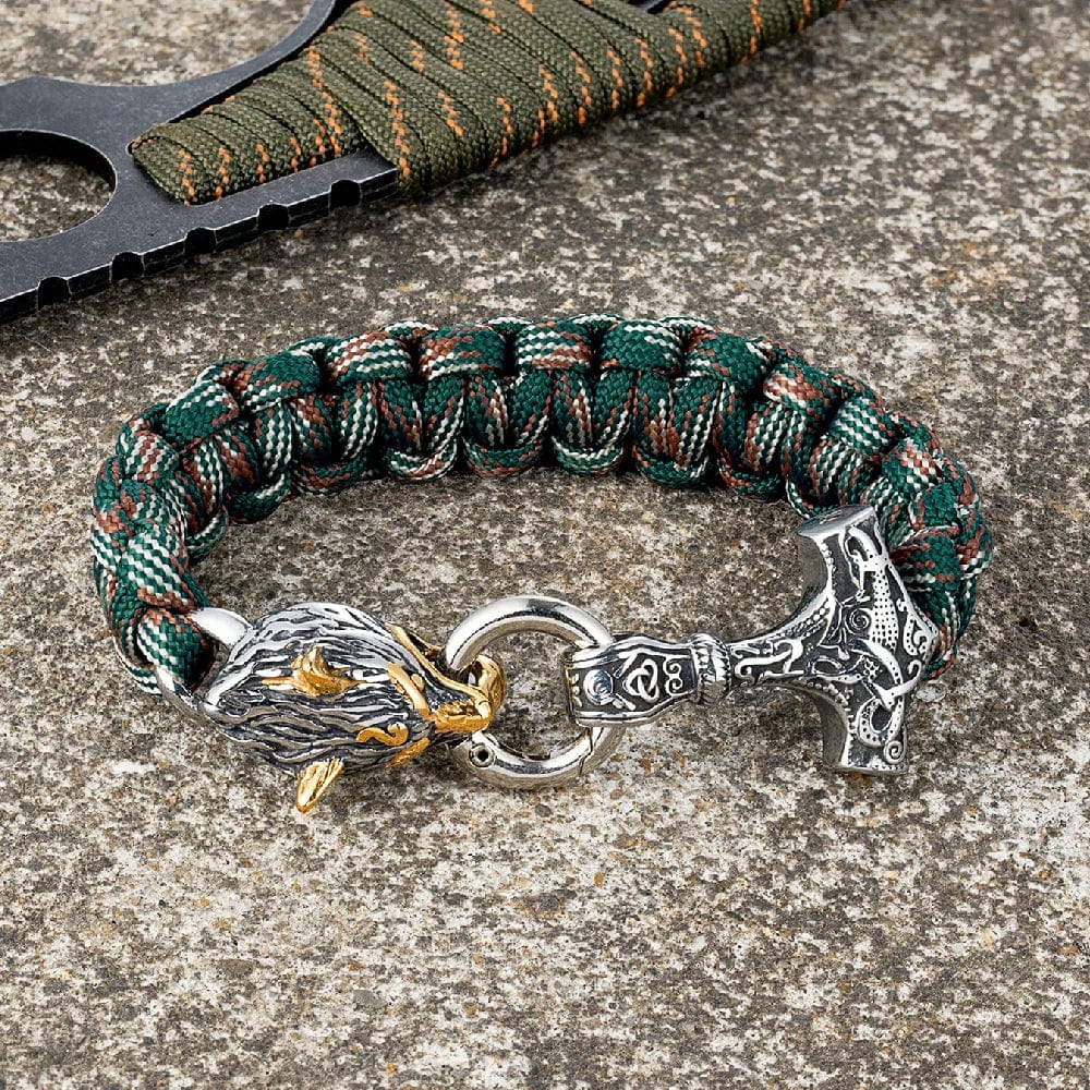 Allen – Men's Viking Paracord Bracelet with Thor's Hammer and Wolf Head Clasp – Norse Mythology-Inspired Design