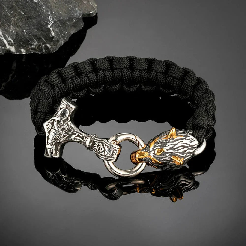 Allen – Men's Viking Paracord Bracelet with Thor's Hammer and Wolf Head Clasp – Norse Mythology-Inspired Design