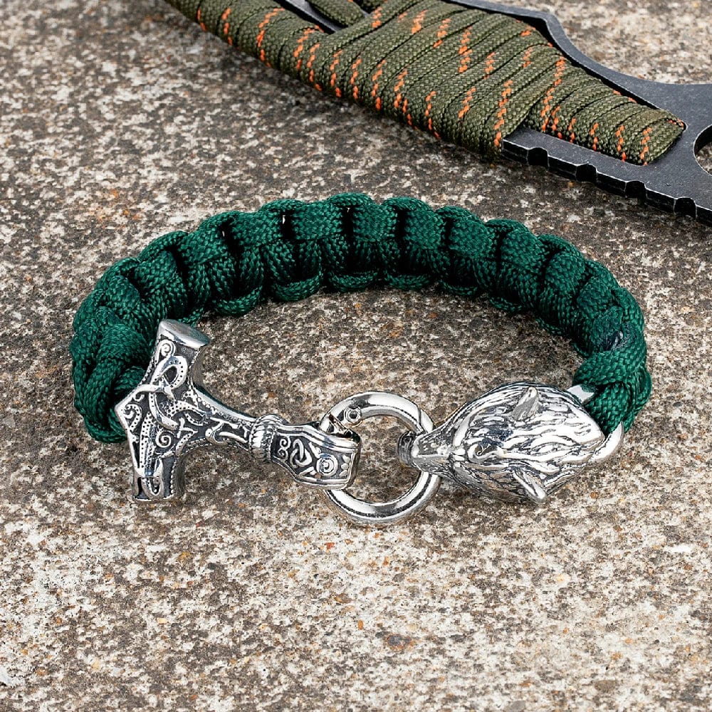 Allen – Men's Viking Paracord Bracelet with Thor's Hammer and Wolf Head Clasp – Norse Mythology-Inspired Design