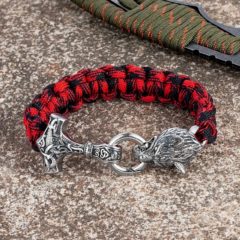 Allen – Men's Viking Paracord Bracelet with Thor's Hammer and Wolf Head Clasp – Norse Mythology-Inspired Design