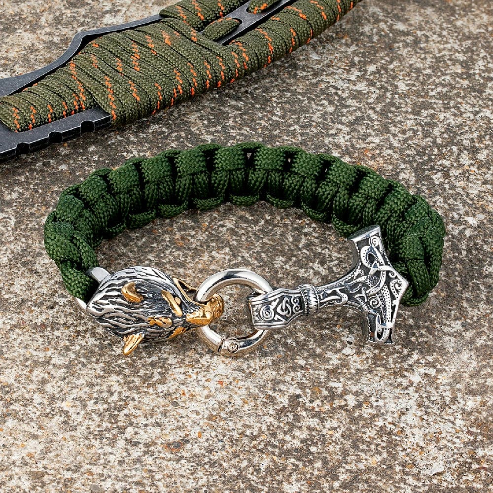 Allen – Men's Viking Paracord Bracelet with Thor's Hammer and Wolf Head Clasp – Norse Mythology-Inspired Design