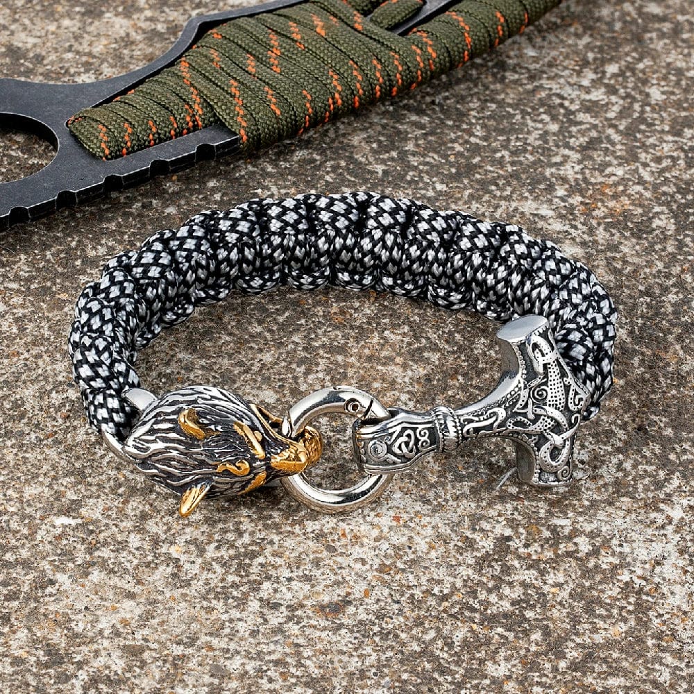 Allen – Men's Viking Paracord Bracelet with Thor's Hammer and Wolf Head Clasp – Norse Mythology-Inspired Design