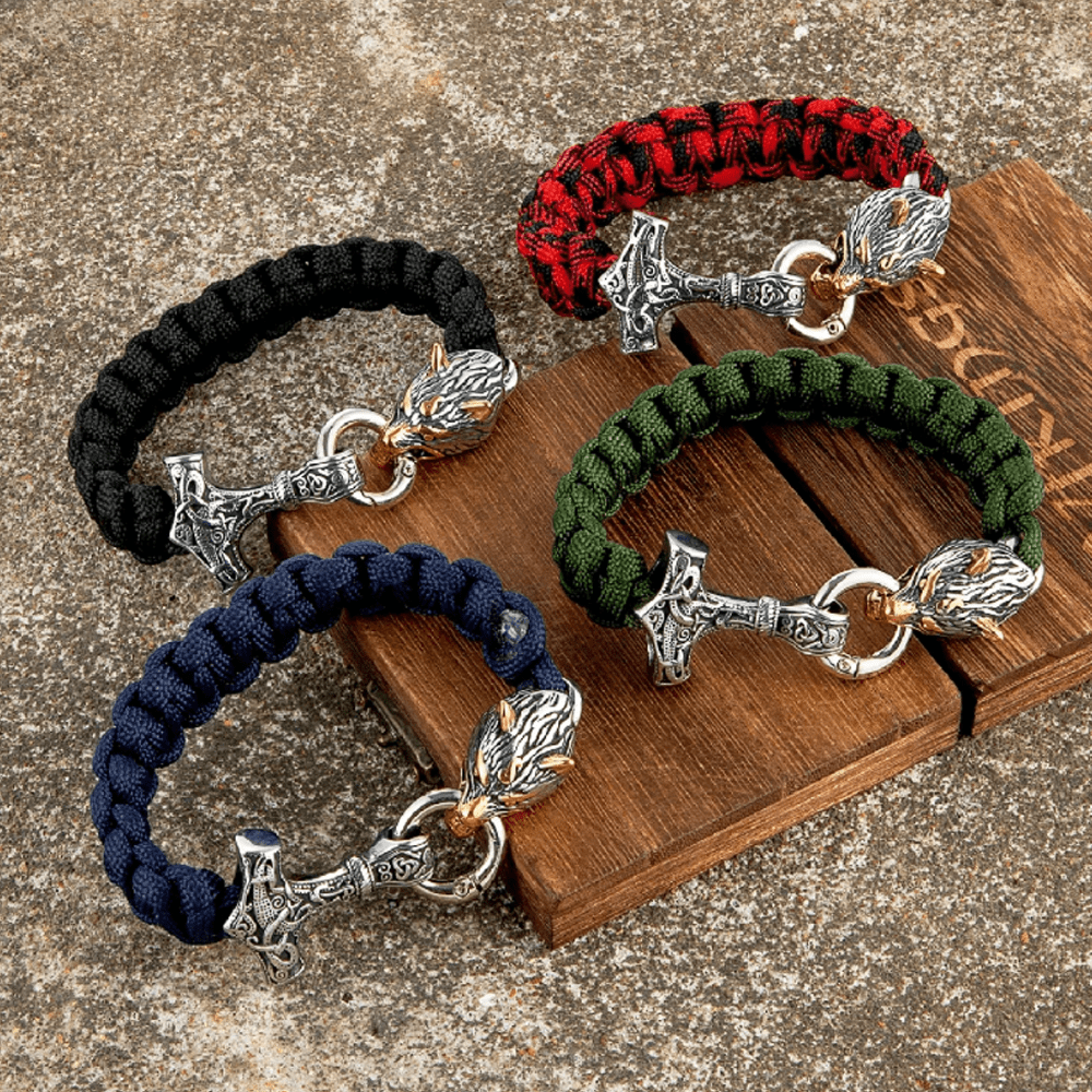 Allen – Men's Viking Paracord Bracelet with Thor's Hammer and Wolf Head Clasp – Norse Mythology-Inspired Design