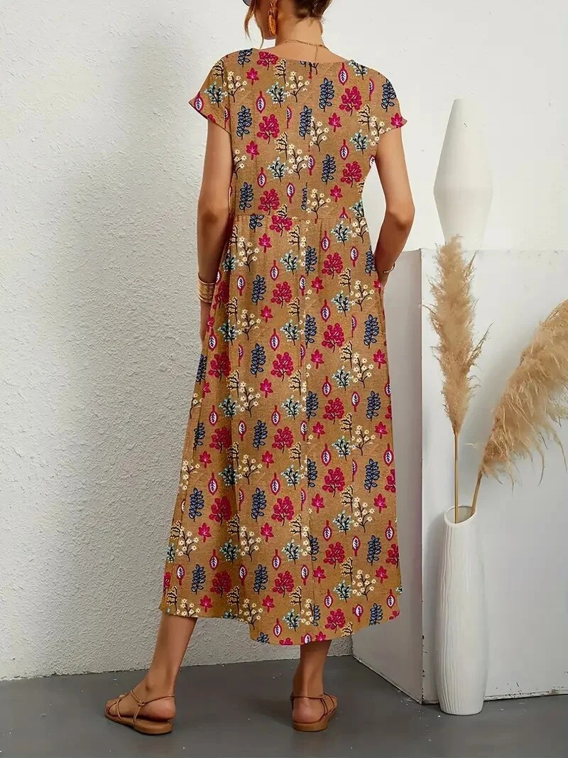 A-linje Baumwollleinenkleid med Blommigt Mönster