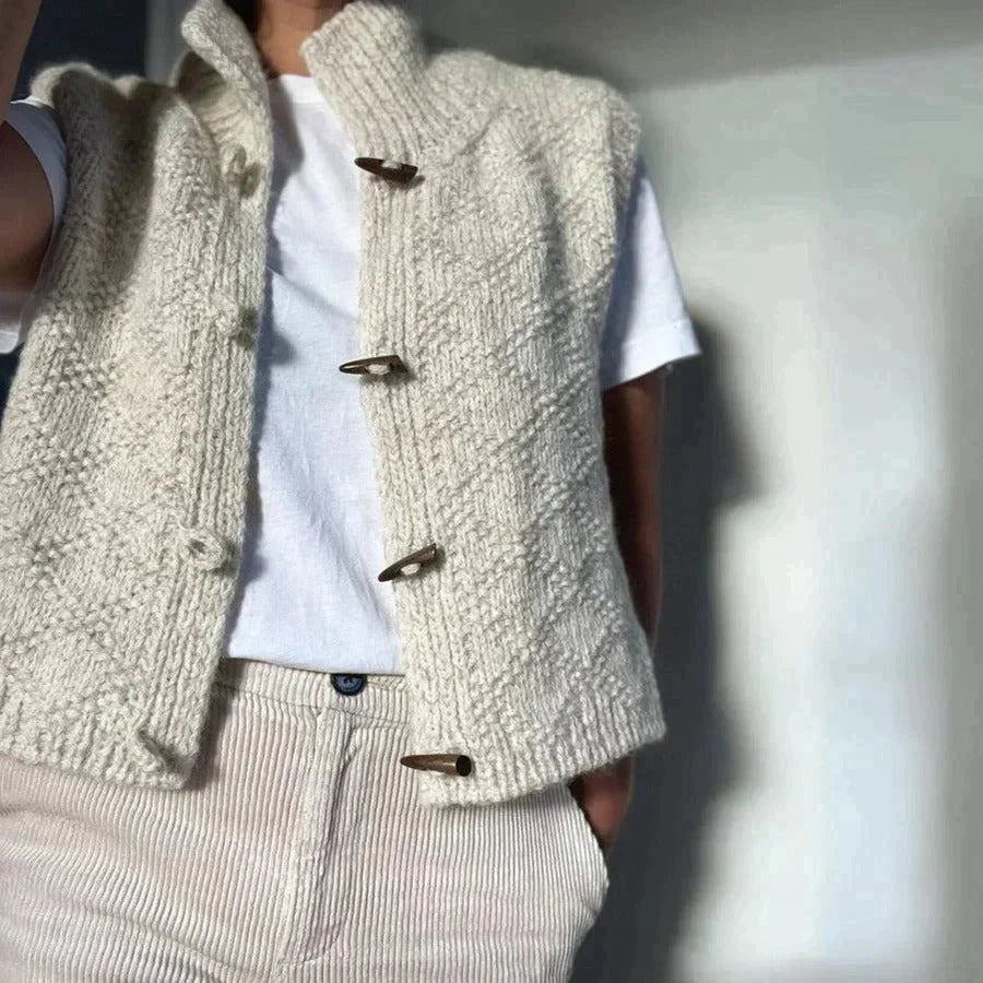 Kim – Women's Knitted Wool Button-Up Vest - with High Collar Design