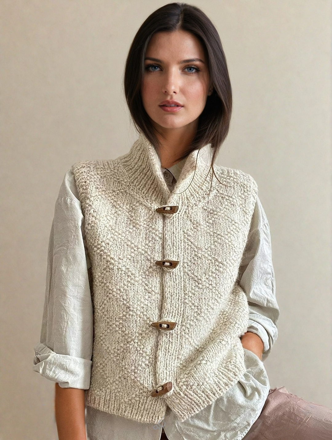 Kim – Women's Knitted Wool Button-Up Vest - with High Collar Design